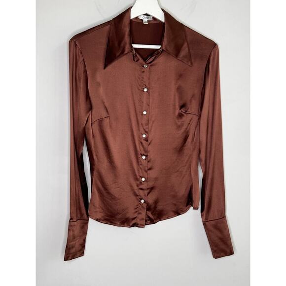 Cache Y2K Silk Long Sleeve Collared Pearl Snap Satin Button-Up Shirt Brown Small - Picture 2 of 8